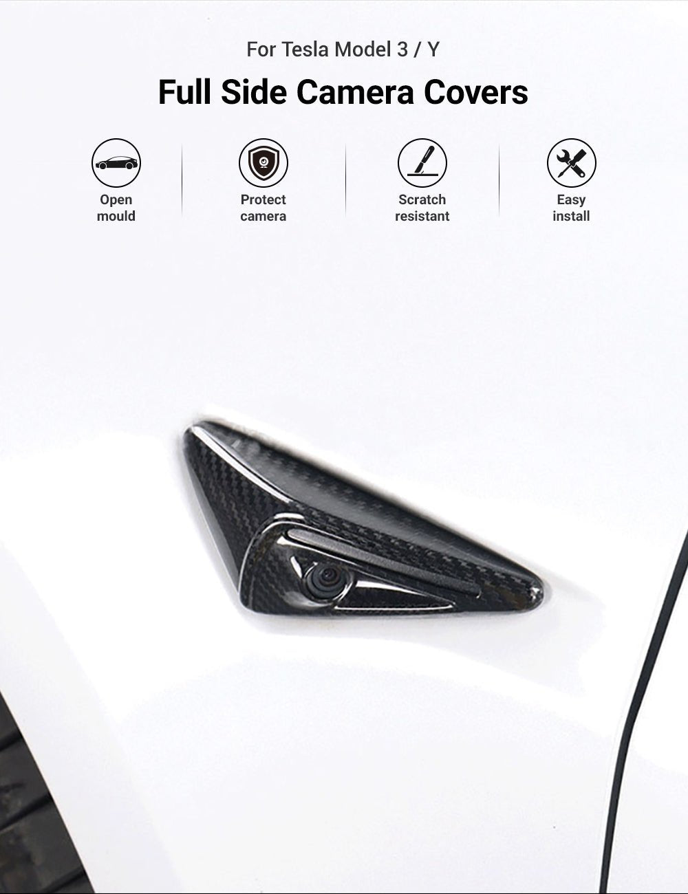 Full Side Camera Covers for Tesla Model 3 / Y - Carbon Fiber Exterior Mods