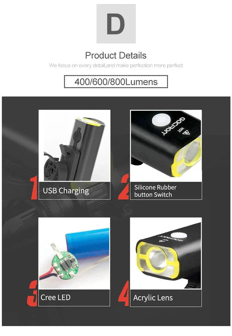 GACIRON 400-1800 Lumens Bicycle Front Light USB Rechargeable Cycling Headlight Flashlight MTB Road Bike Waterproof LED Head Lamp