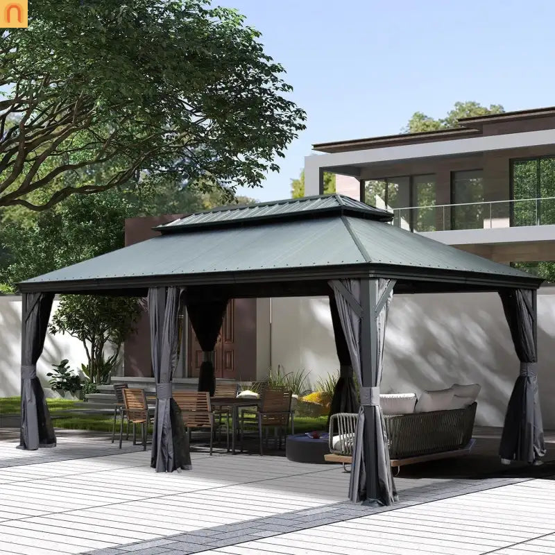 Hardtop Gazebo Steel Dark Gray 12x18ft Netting Curtains 60MPH
