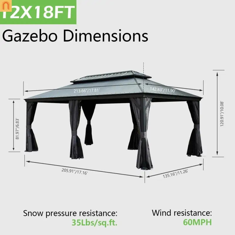 Hardtop Gazebo Steel Dark Gray 12x18ft Netting Curtains 60MPH