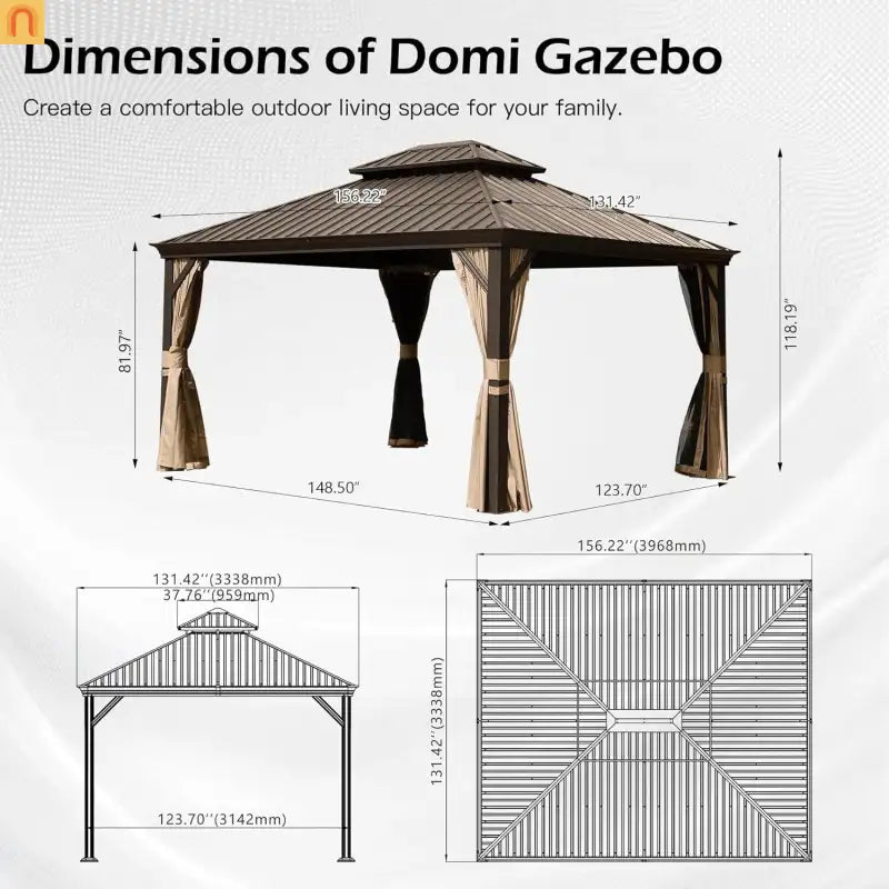 Hardtop Gazebo Steel Brown 11x13ft Curtains Netting 40MPH