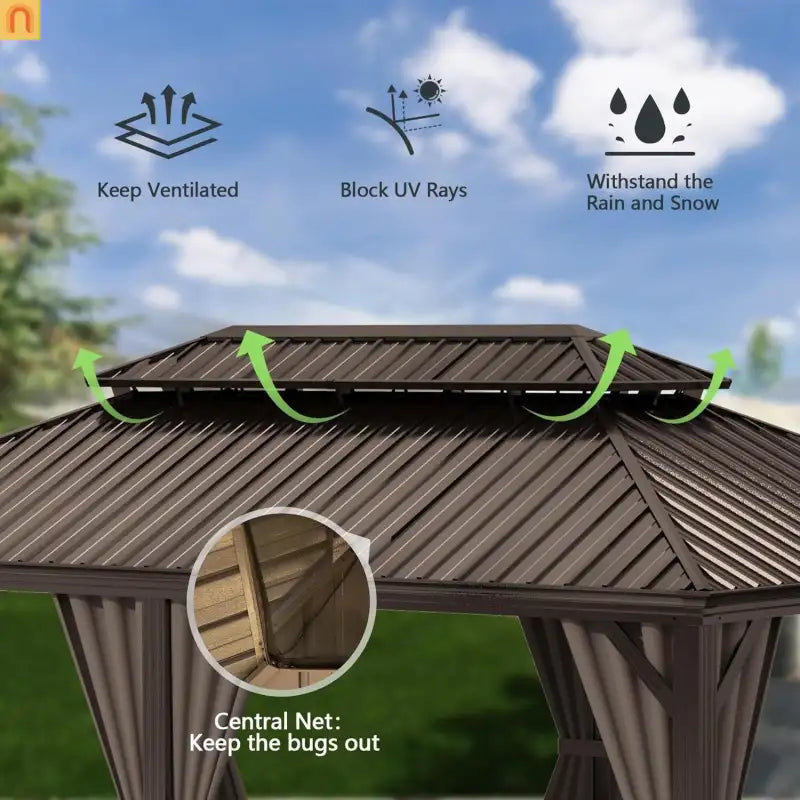 Hardtop Gazebo Steel Brown 11x13ft Curtains Netting 40MPH
