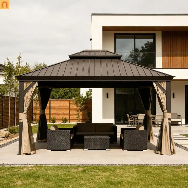 Hardtop Gazebo Steel Brown 11x13ft Curtains Netting 40MPH