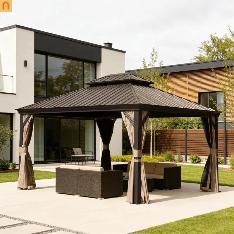 Hardtop Gazebo Steel Brown 11x13ft Curtains Netting 40MPH