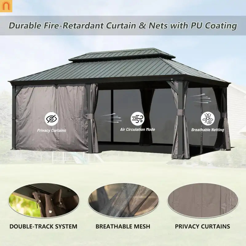 Hardtop Gazebo Aluminum Gray 12x18ft Netting Curtains 50MPH
