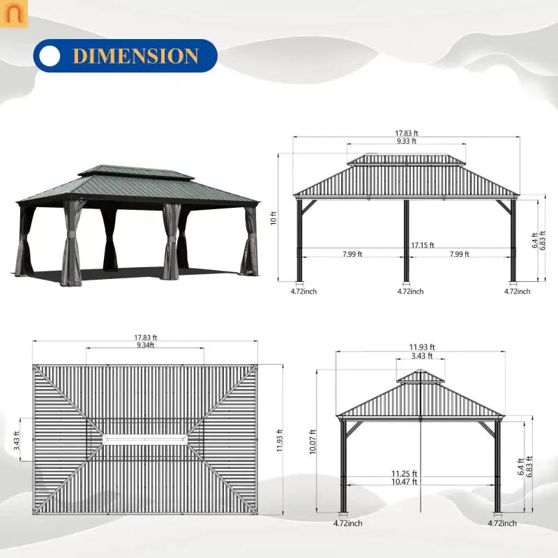 Hardtop Gazebo Aluminum Gray 12x18ft Netting Curtains 50MPH