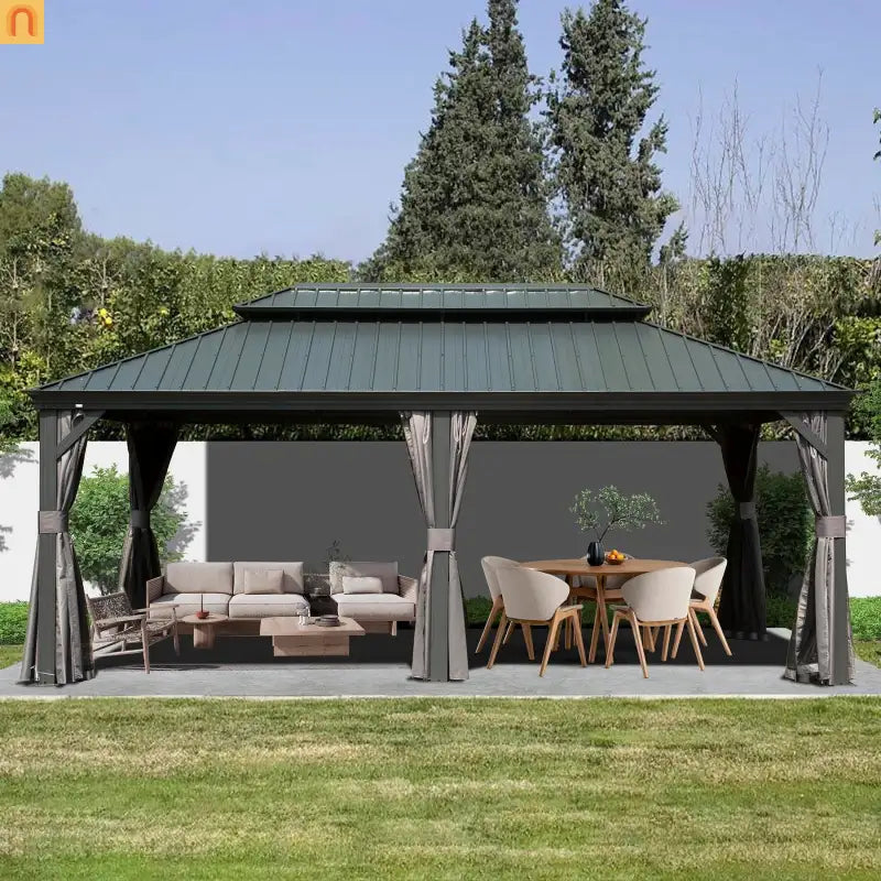 Hardtop Gazebo Aluminum Gray 12x18ft Netting Curtains 50MPH