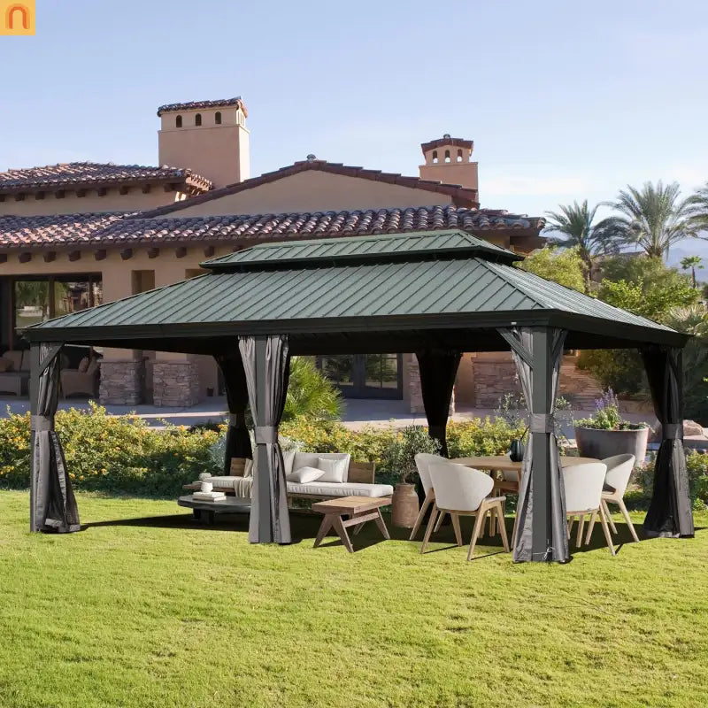 Hardtop Gazebo Aluminum Gray 12x18ft Netting Curtains 50MPH