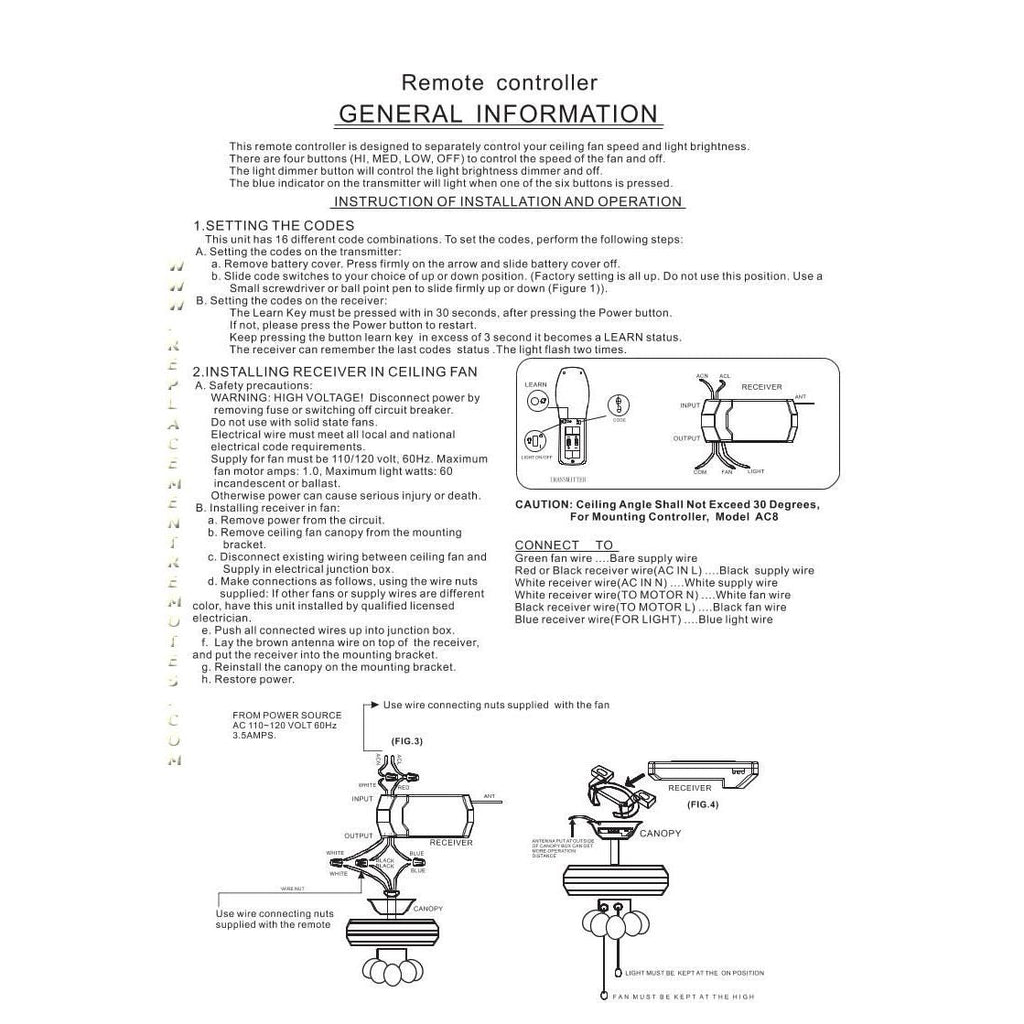 Substitute for GE FAN61T-3S Ceiling Fan Remote Control [63T-AC83T-KIT]