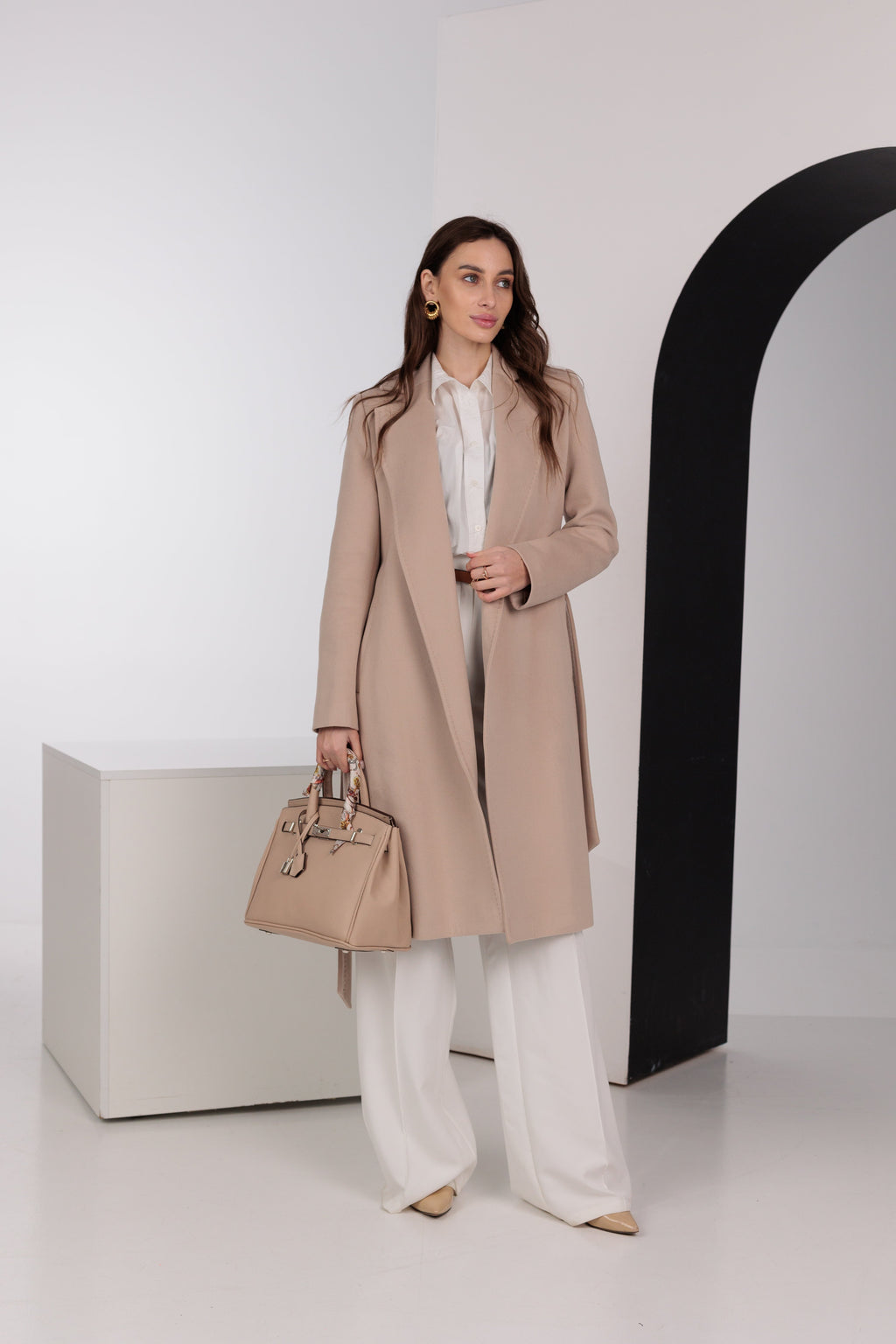 Geneva Classic Wraparound Wool Blend Overcoat in Beige