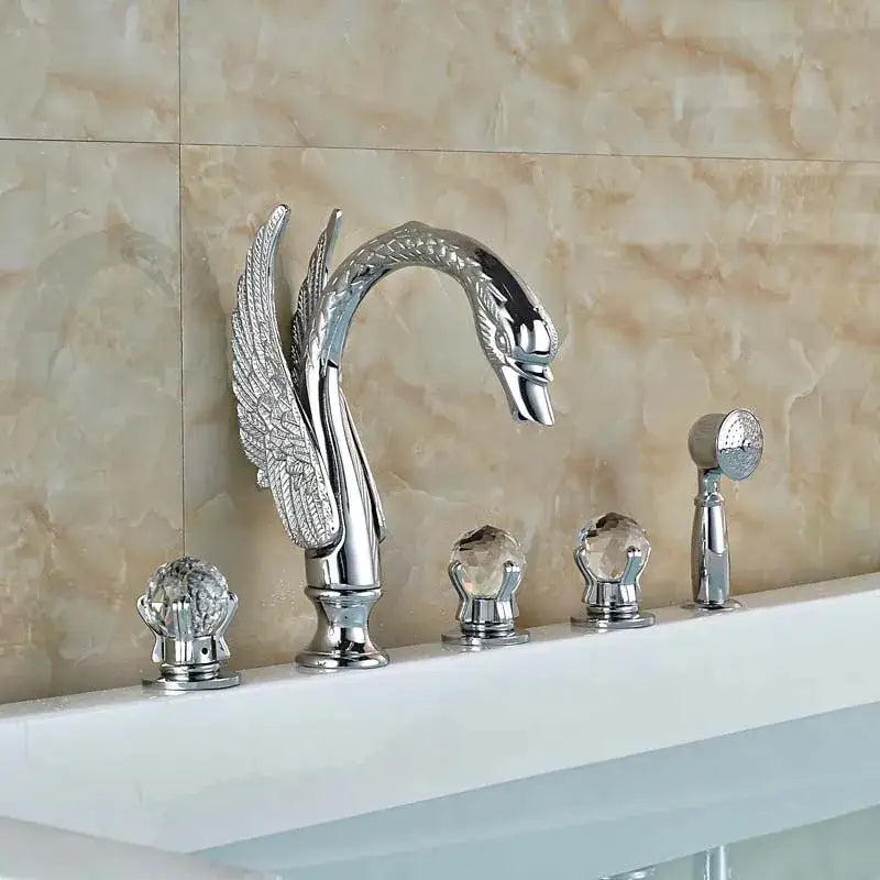 DecorBites™ Crystal Knob Swan Faucet 5-Hole Widespread Tub Mixer with Handshower