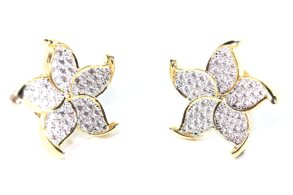 Gold Plated Flower Stud Earrings Cubic Zirconia Pave