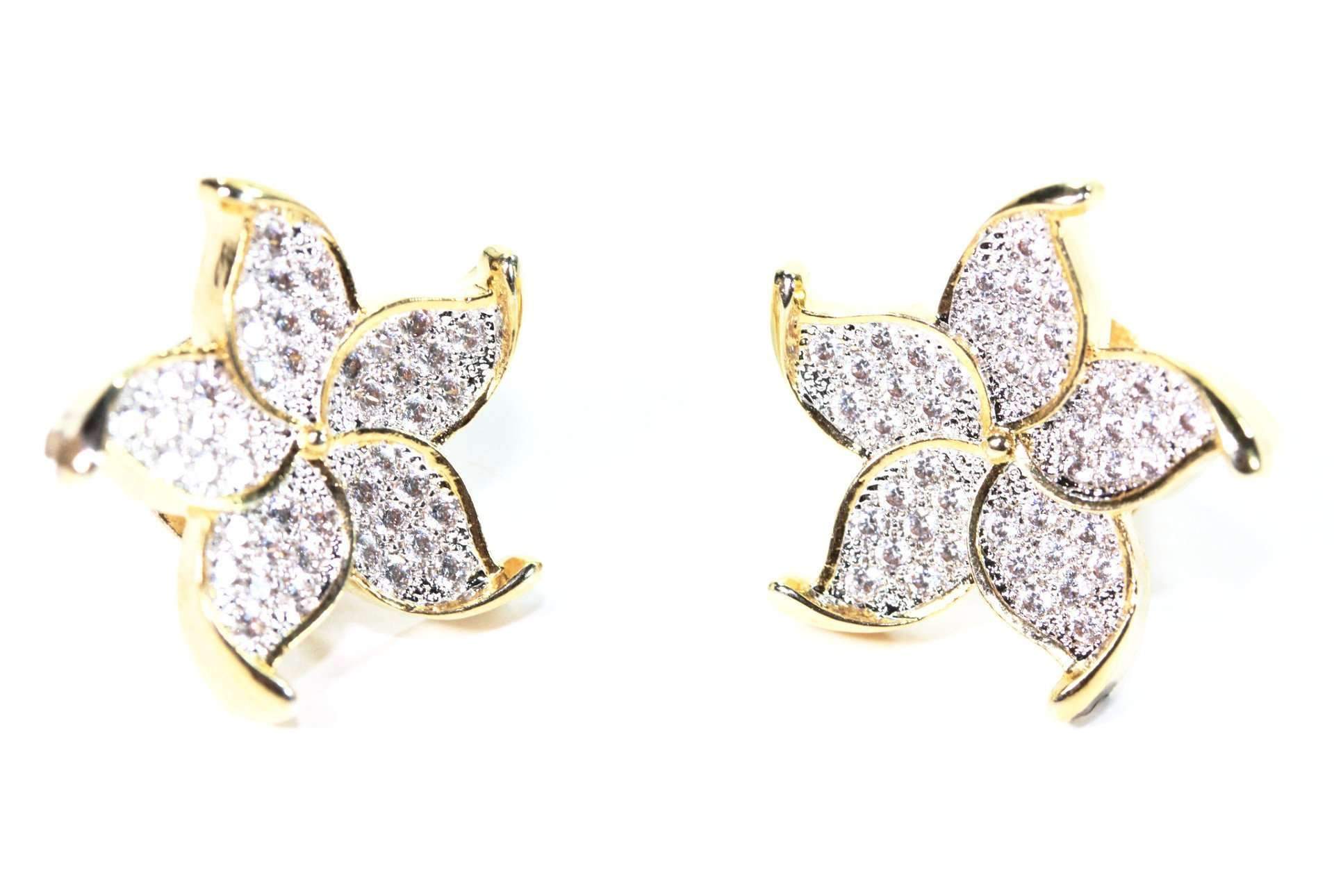 Gold Plated Flower Stud Earrings Cubic Zirconia Pave