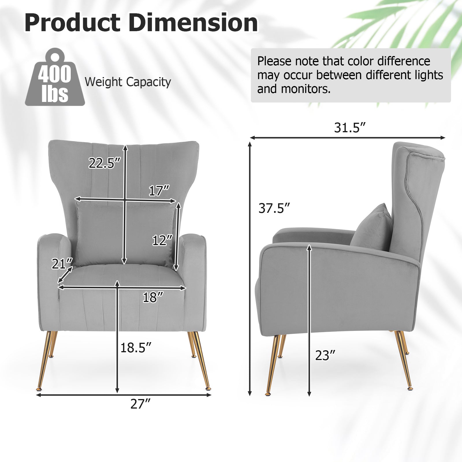 Velvet Upholstered Wingback Chair with Lumbar Pillow and Golden Metal Legs