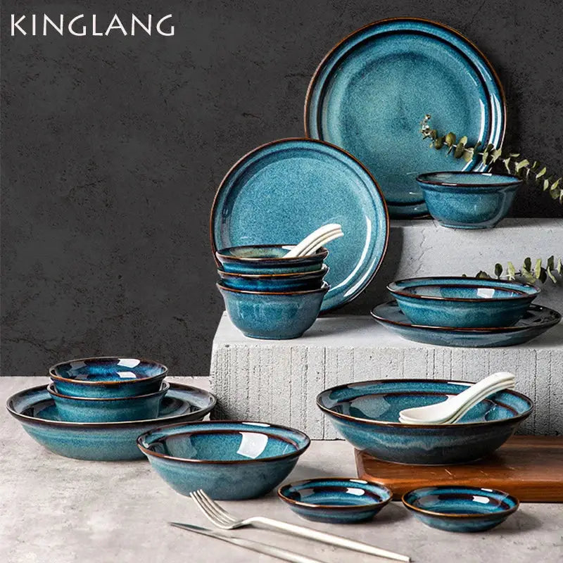 Gradient blue ceramic bowl gold rim dining room dinnerware dish