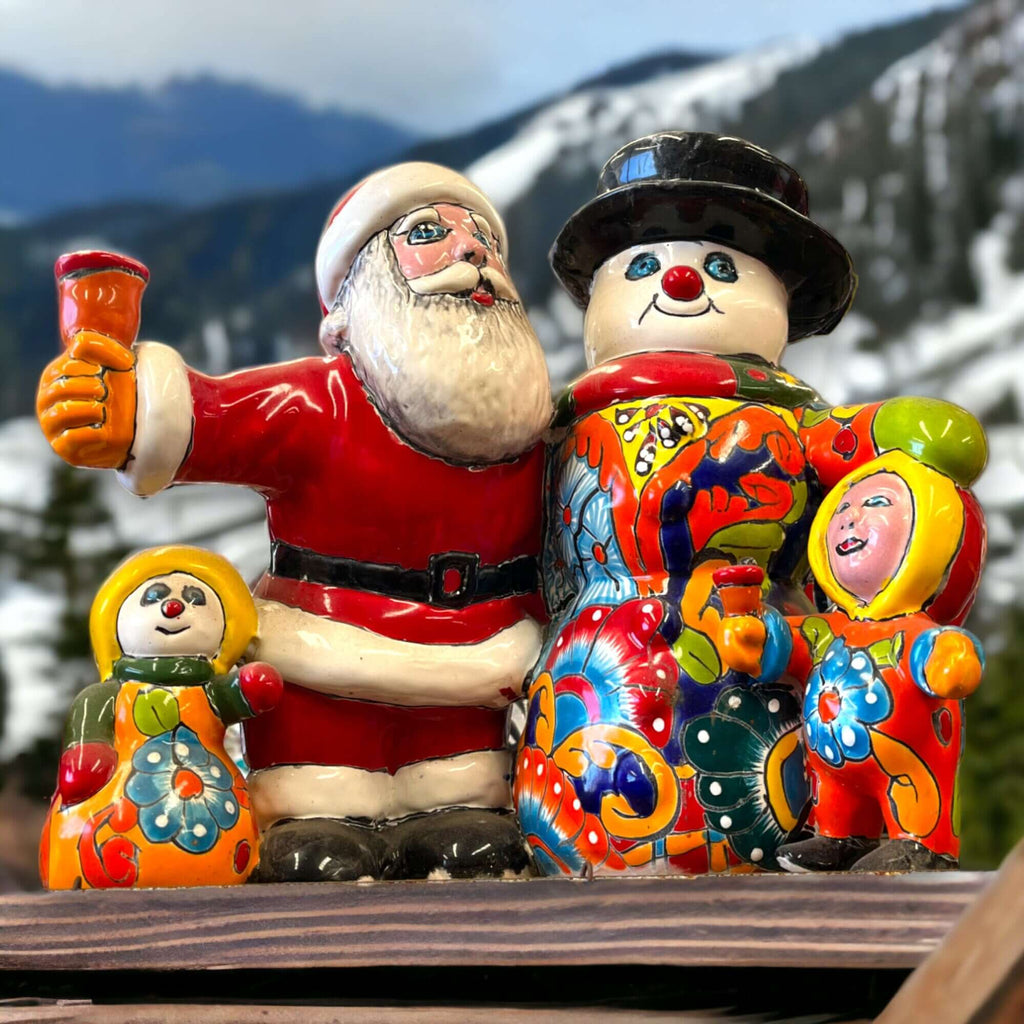 Talavera Santa & Snowman Statue | Hand-Painted Christmas Decor