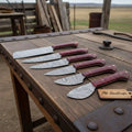 6-Piece Damascus Kitchen Knife Set — Bread, Chef, Santoku, Utility, Boning & Paring with Red Wood Handles