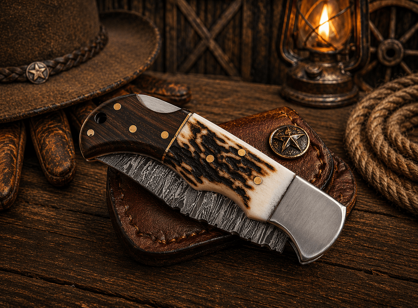 Handcrafted Damascus Pocket Knife – Engraved Folding Knife with Stag Horn & Wood Handle | Custom Gift for Men, EDC Hunting Knife