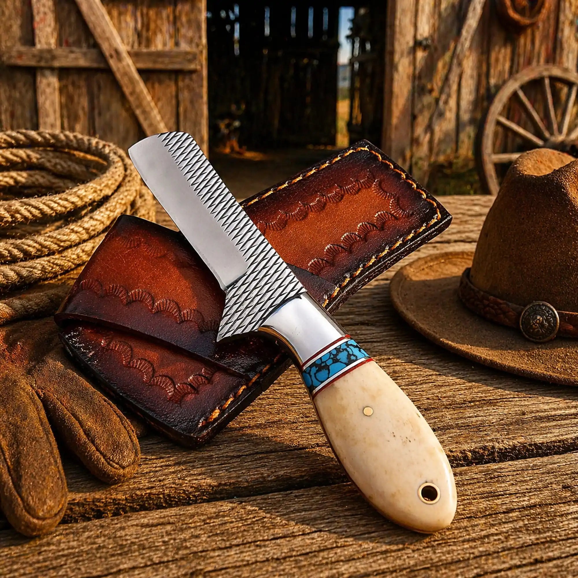 Handmade Rasp Steel Cowboy Bull Cutter Knife – Turquoise & Camel Bone Handle with Leather Sheath