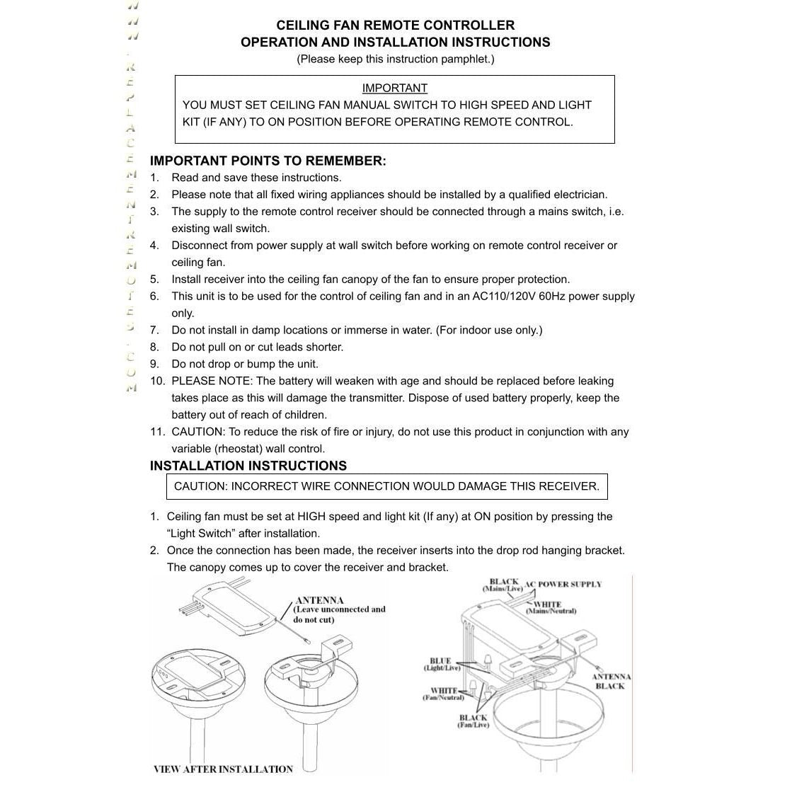 Substitute for Harbor Breeze KUJCE9805 Ceiling Fan Remote Control [63T-AC83T-KIT]