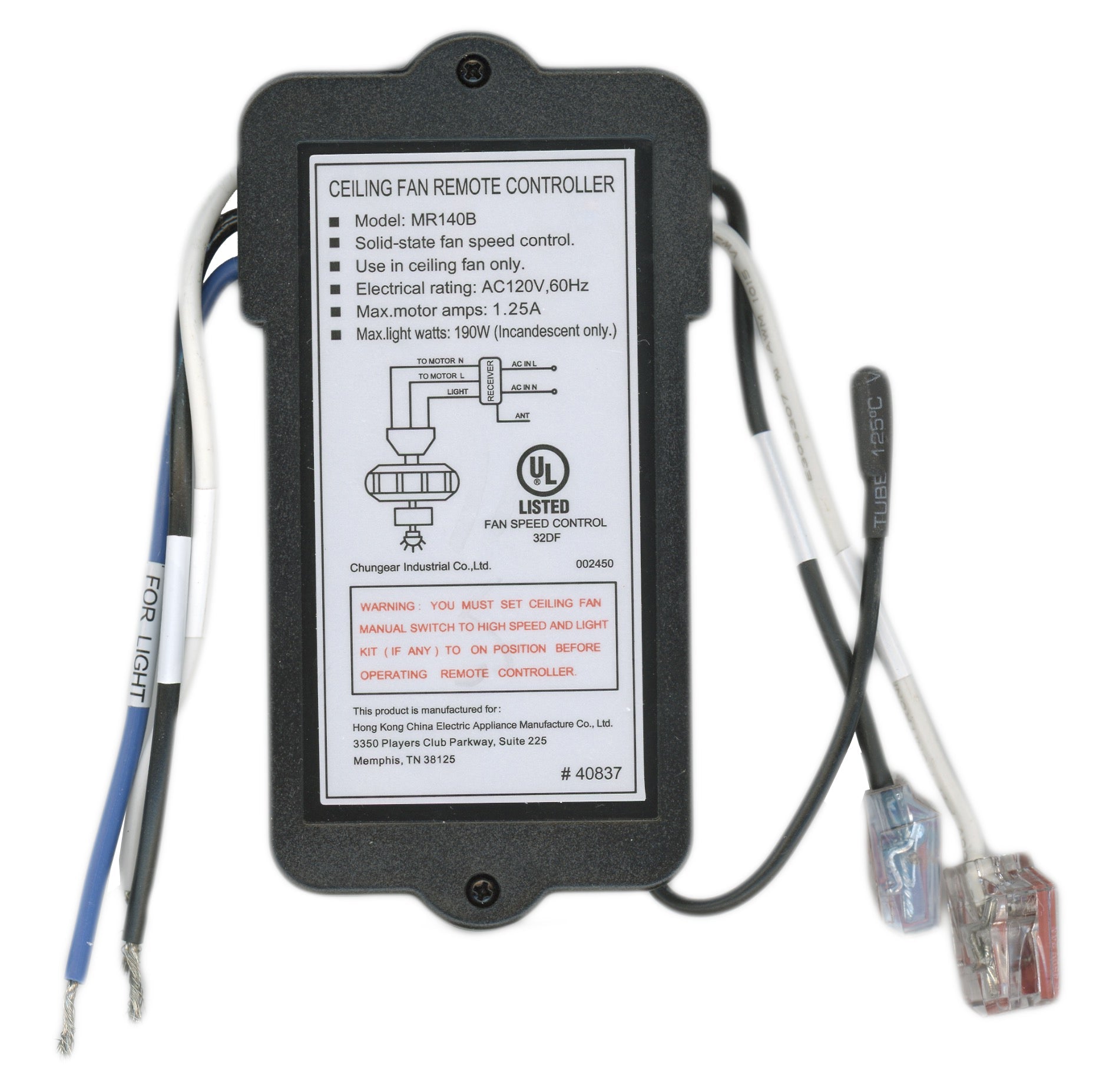 Substitute for Harbor Breeze MR140B Ceiling Fan Receiver [63T-AC83T-KIT]
