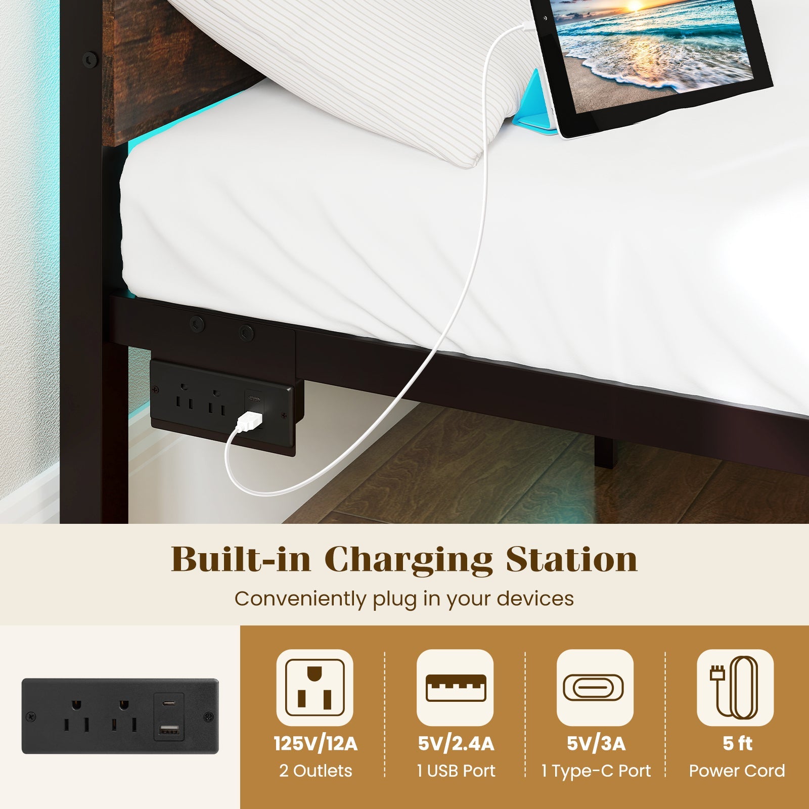 Heavy-Duty Metal Slats Support Bed Platform with Charging Station