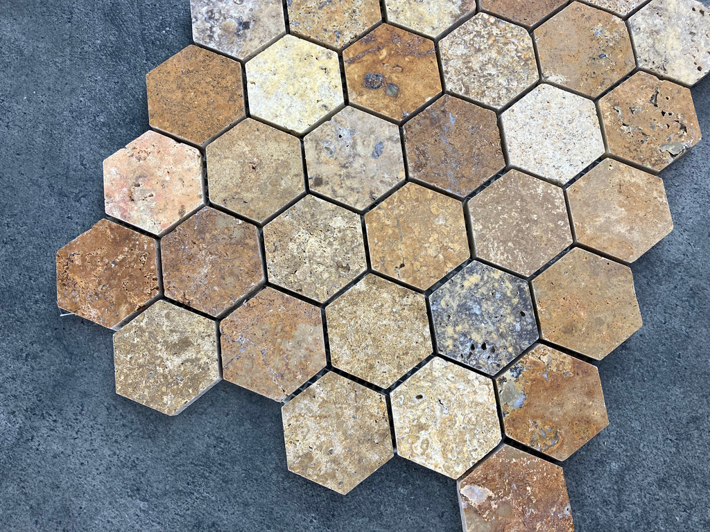 Scabos Travertine 2 Inch Hexagon Mosaic Tile 12x12 Mesh Backing
