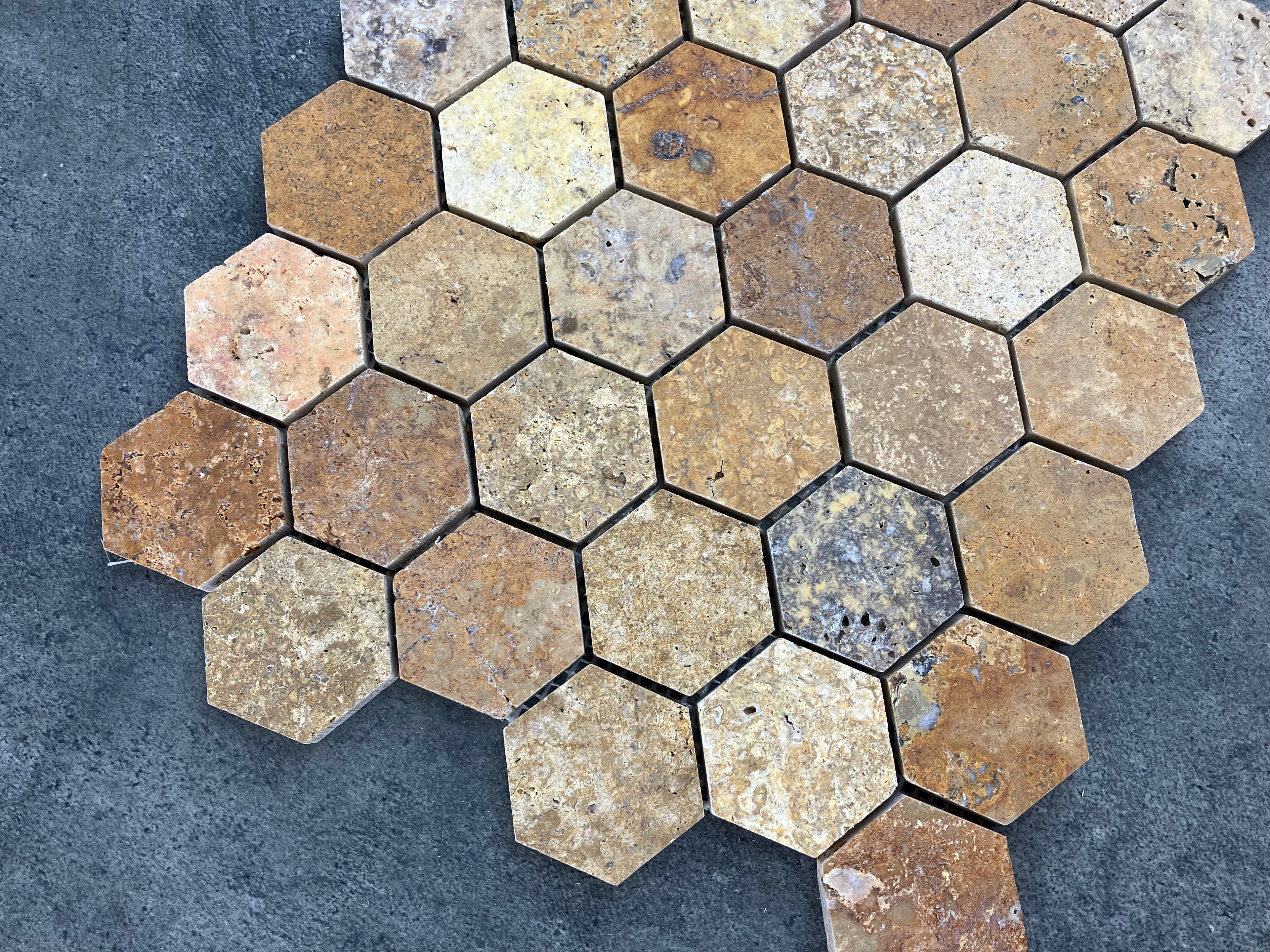 Scabos Travertine 2 Inch Hexagon Mosaic Tile 12x12 Mesh Backing