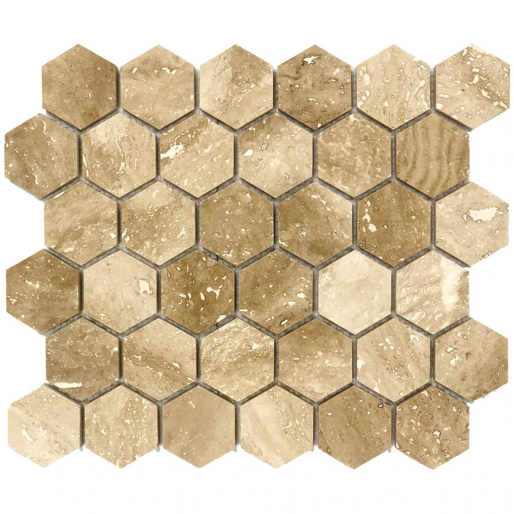 Patara Honed Travertine Hexagon Mosaic Tile 12x12 Walnut Brown Natural Pre Mounted