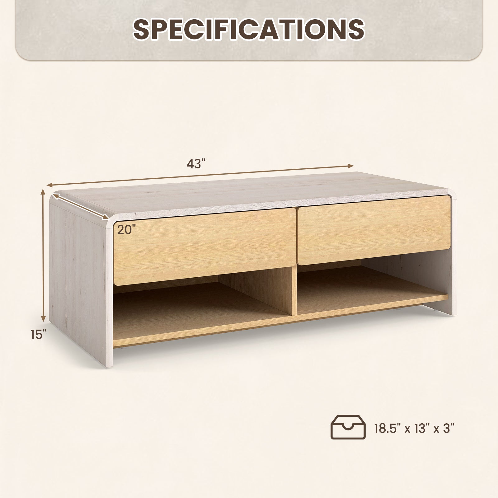 Home Coffee Table with 2 Drawers and 2 Storage Shelf-White & Natural