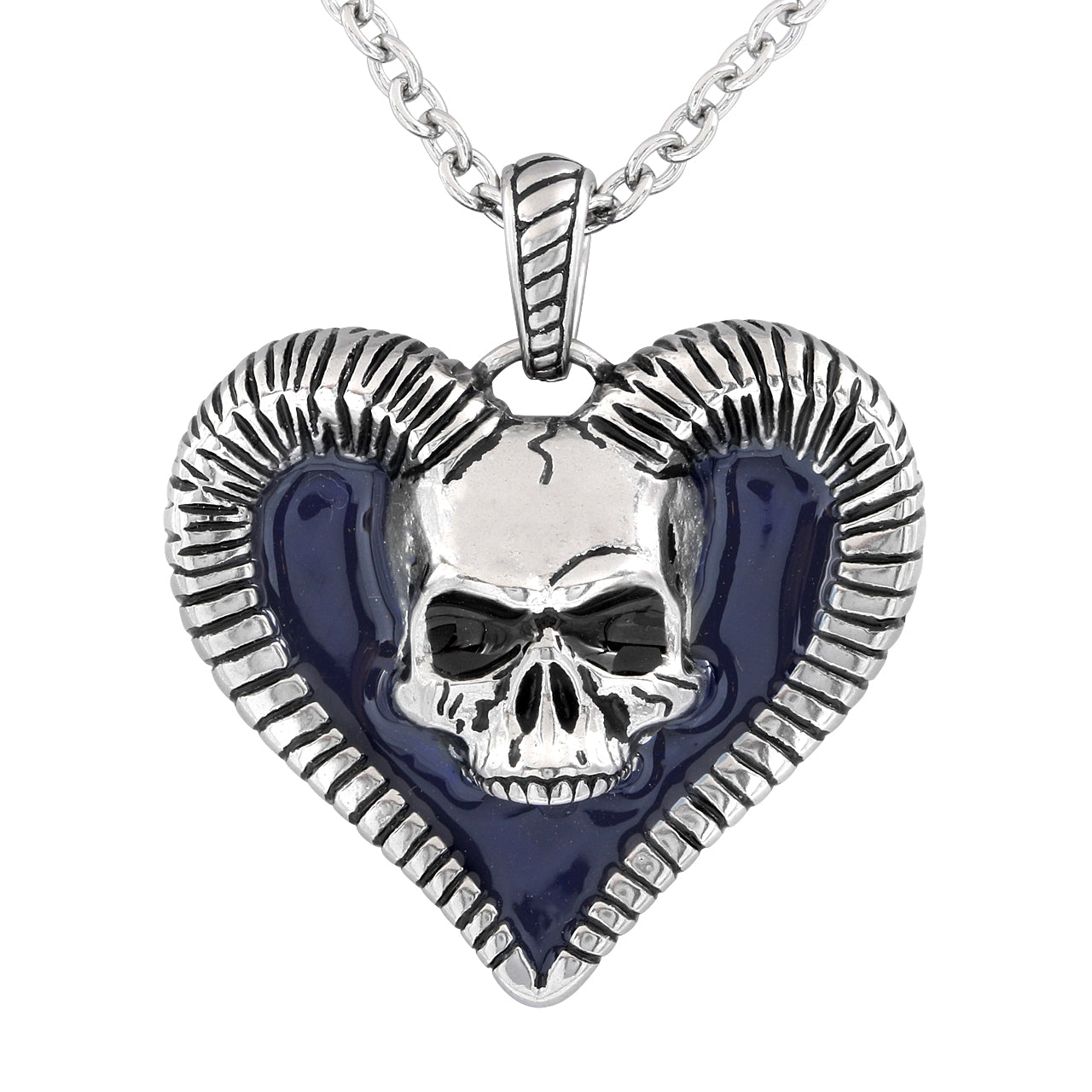 Horned Skull Heart Necklace Gothic Silver Pendant Chain
