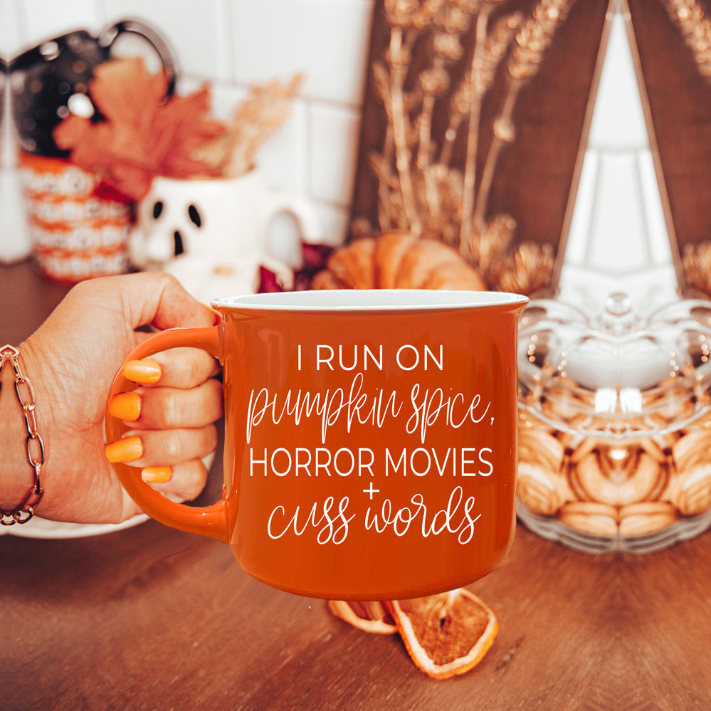 Pumpkin Horror Mug 14.5oz Orange Ceramic Campfire Dual-Sided White Text