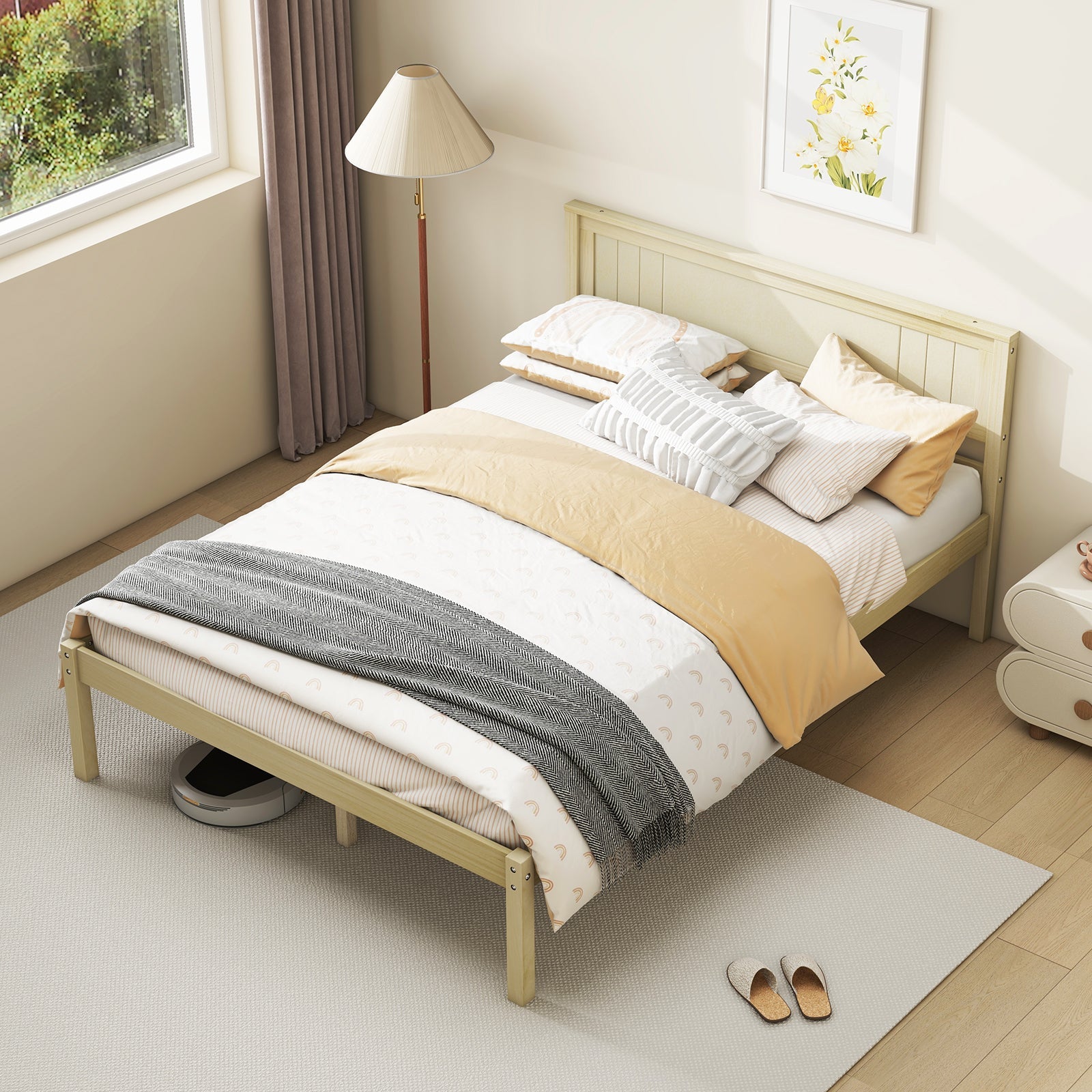 Twin/Full/Queen Size Wooden Bed Frame with Headboard and Slat Support