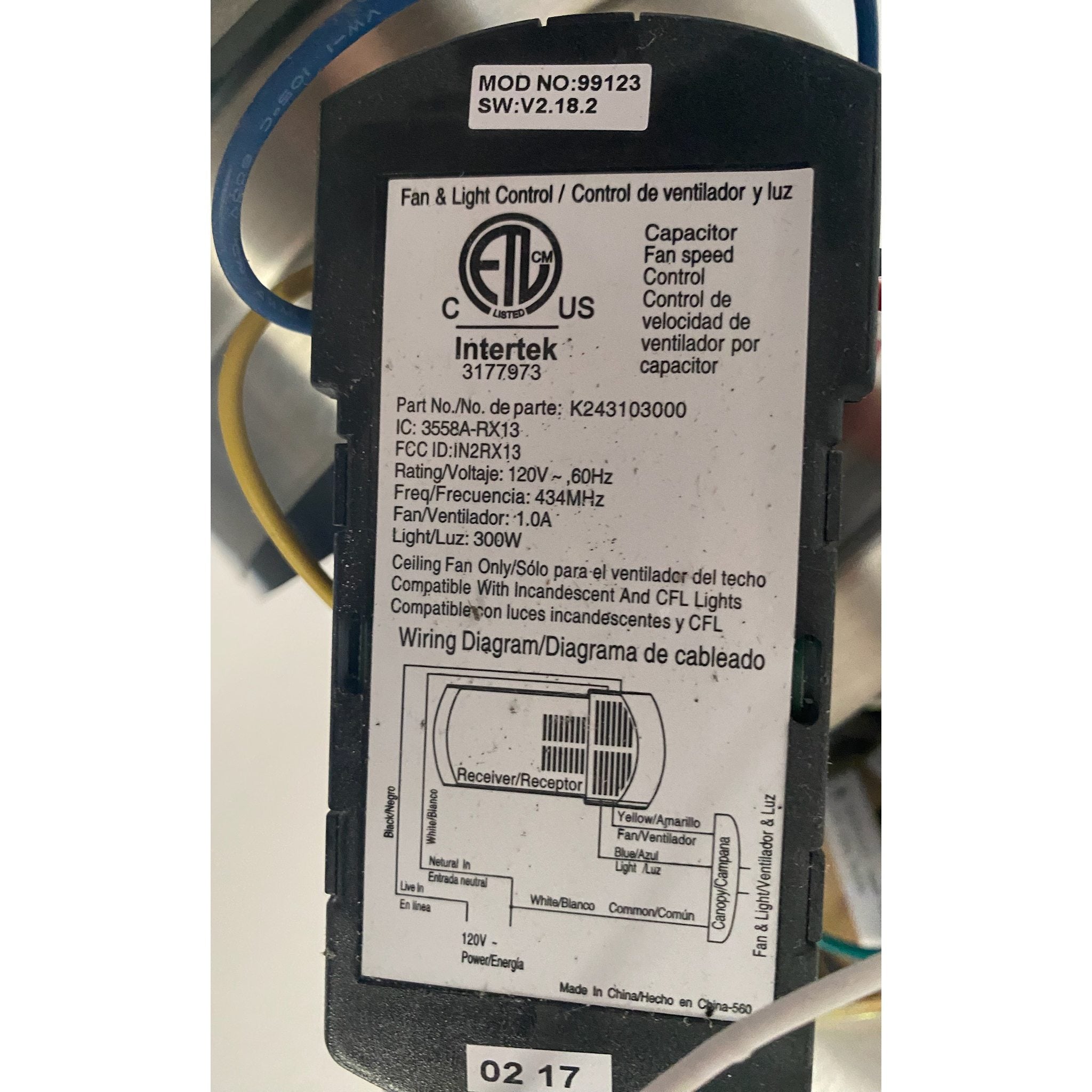 Substitute for Hunter 99123 / IN2RX13 Ceiling Fan Receiver [63T-AC83T-KIT]