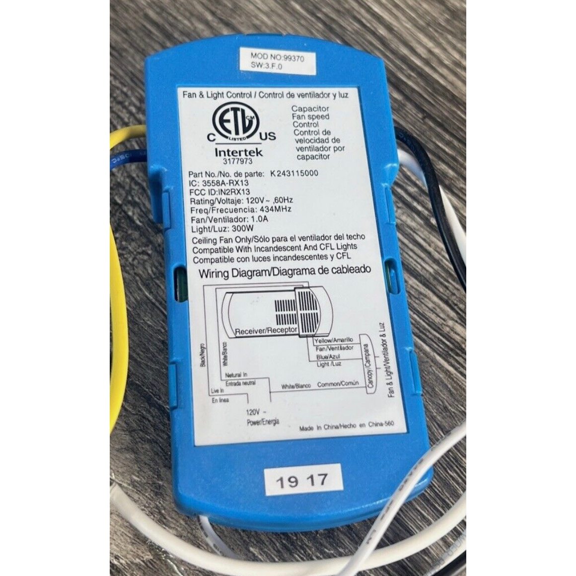 Substitute for Hunter K243115000 for 99370 Ceiling Fan Receiver [63T-AC83T-KIT]