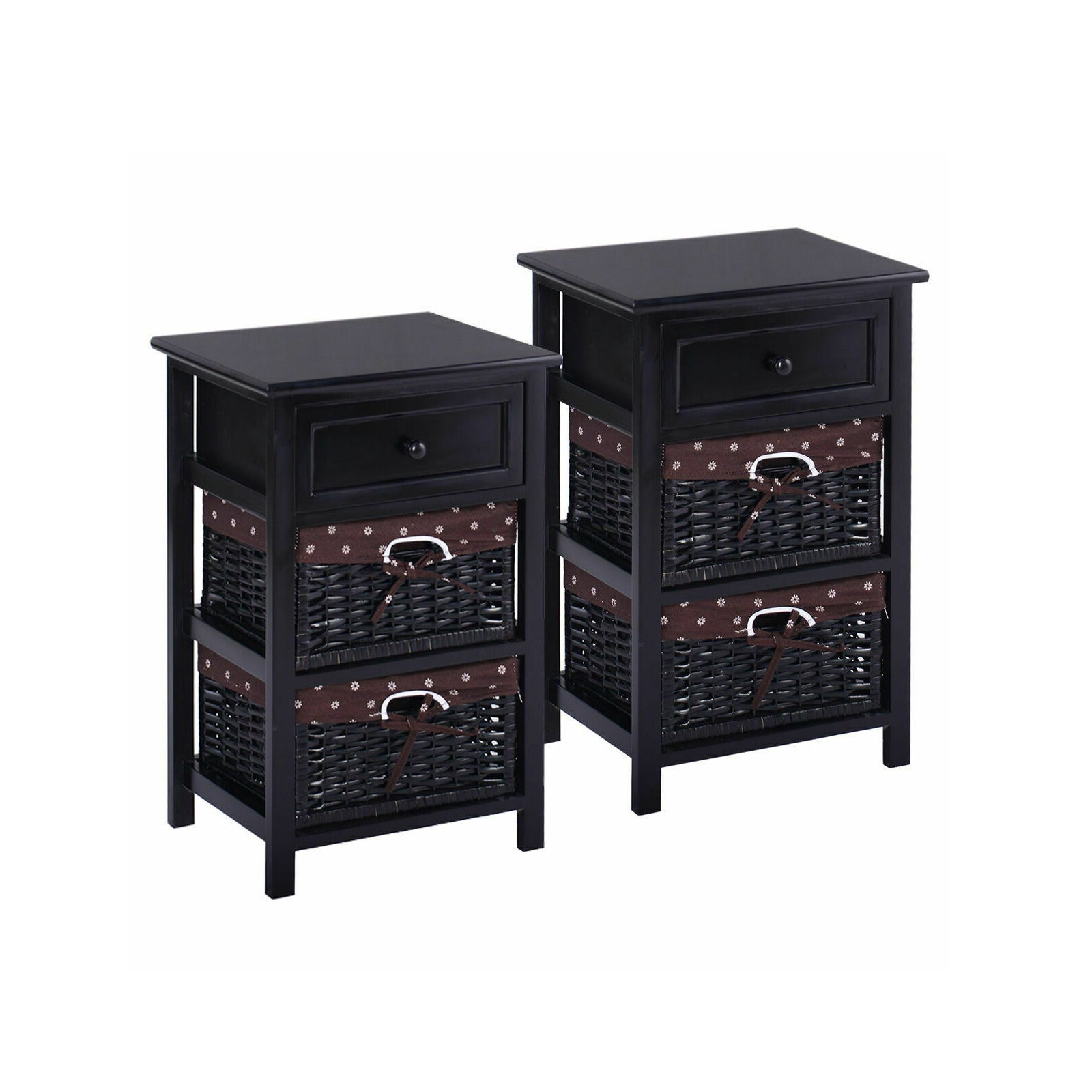 3 Tier Set of 2 Wood Nightstand with 1 and 2 Drawer