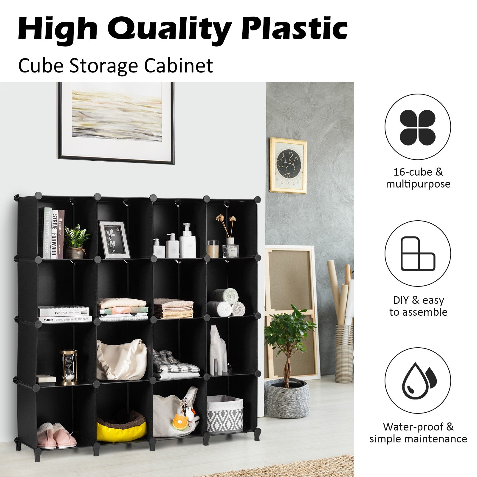 16 Cubes Plastic Storage Organizer with Rustproof Steel Frame-Black