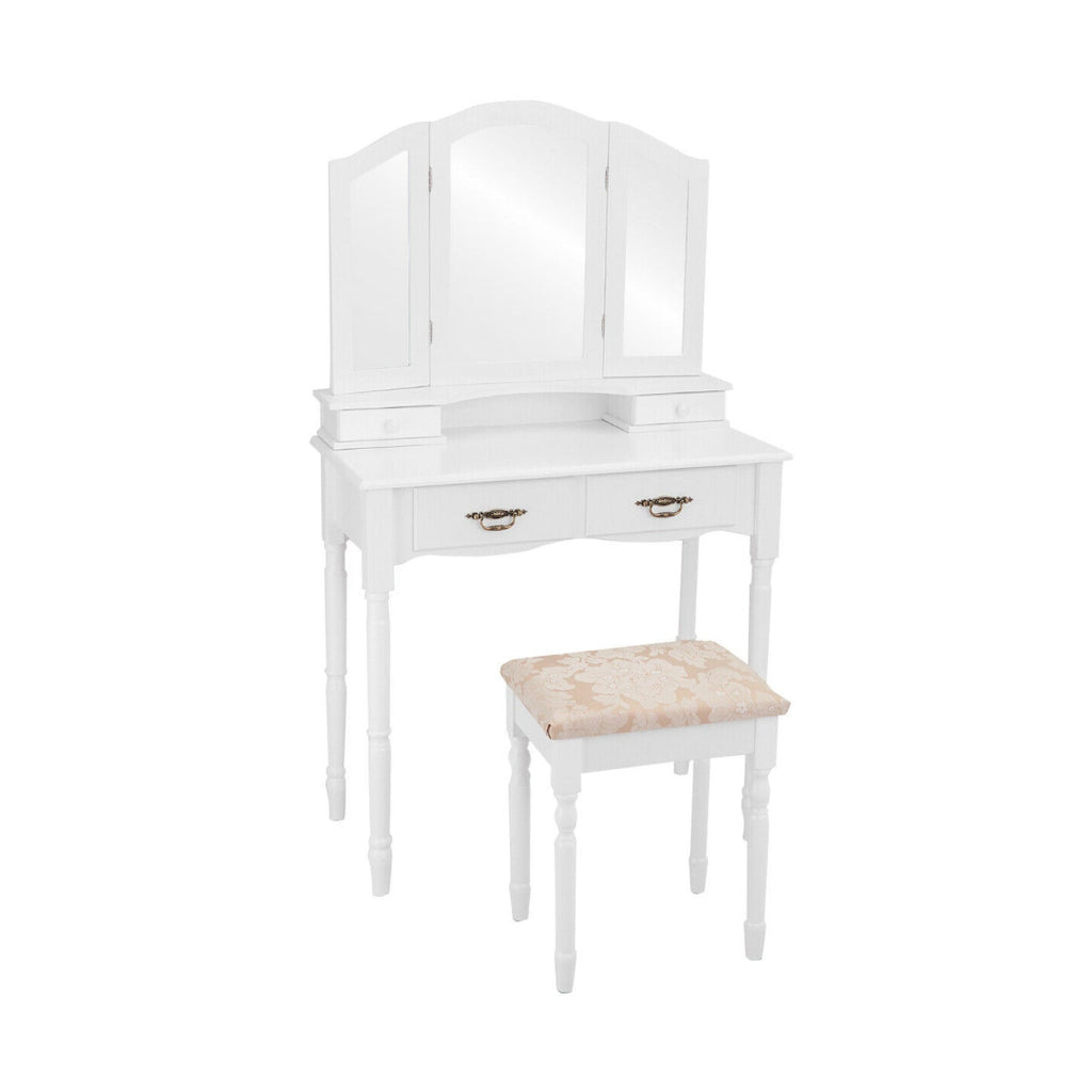 Simple Vanity Set with Tri-Folding Mirror Drawers and Storage Shelf