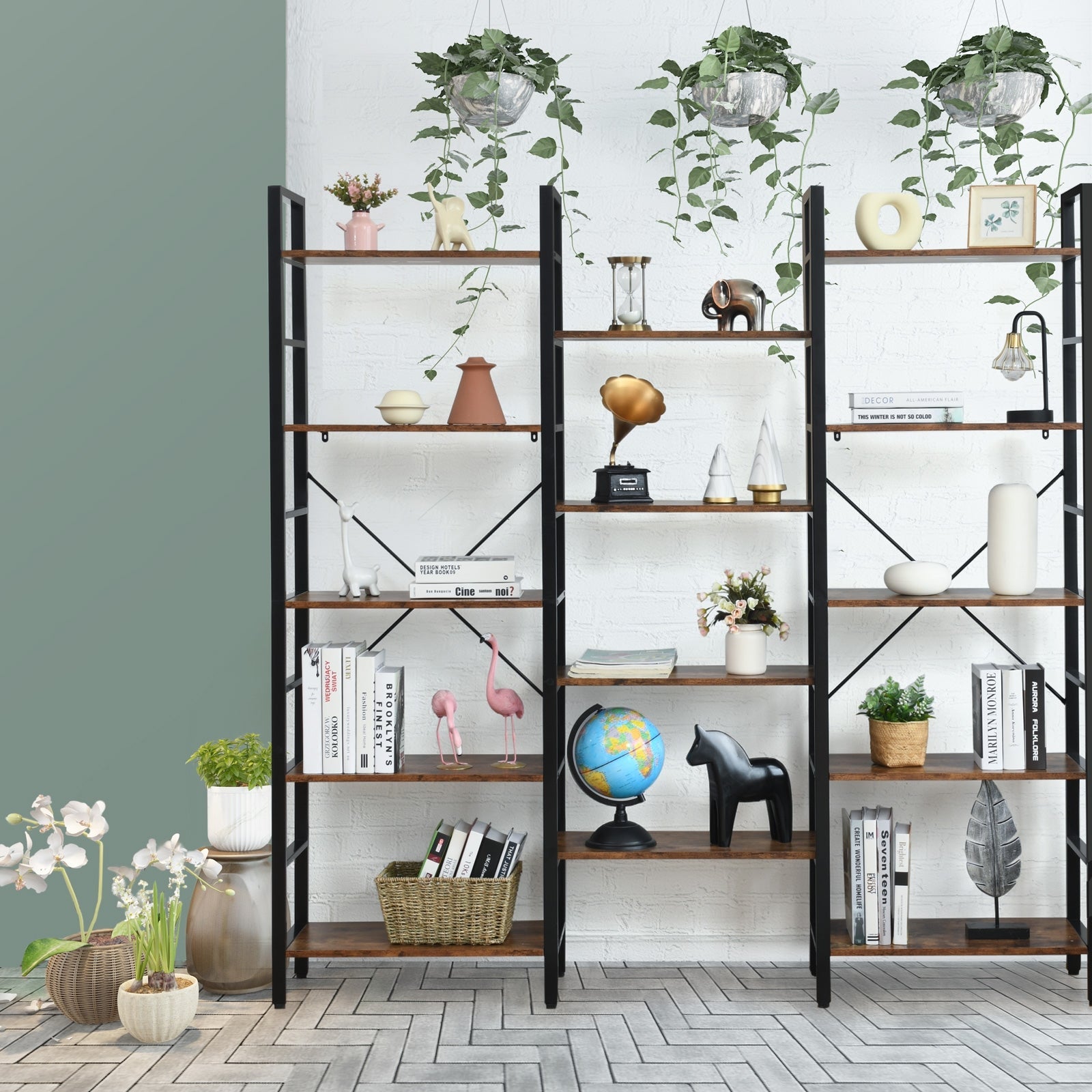Vintage Triple Wide 5-Tier Bookcase Large Bookshelf Display Storage Shelf