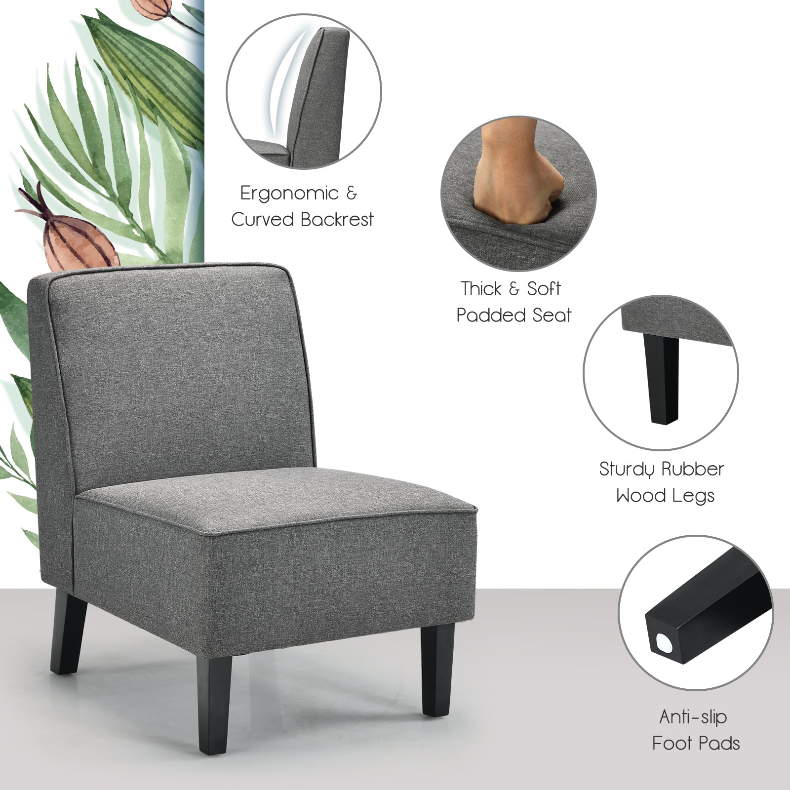 Modern Armless Accent Sofa Chair with Rubber Wood Legs