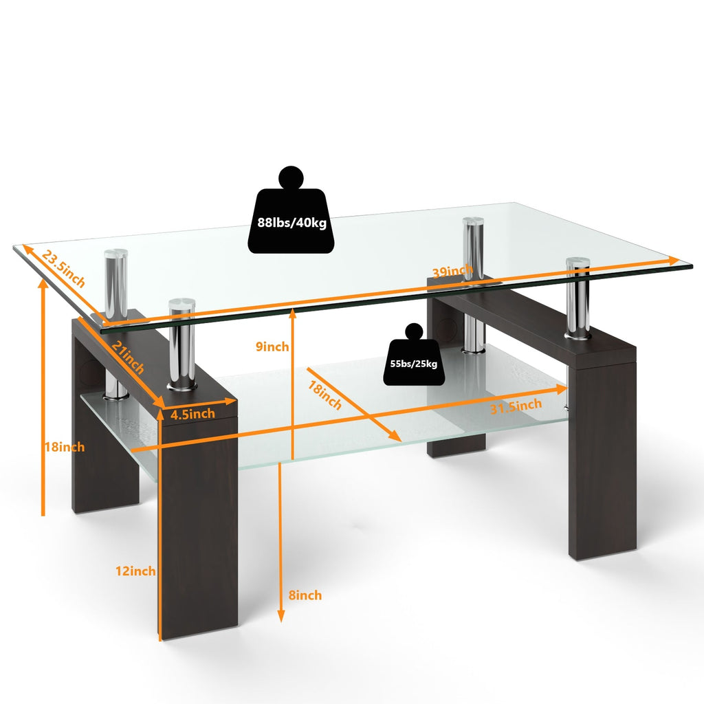 Rectangular Tempered Glass Coffee Table with Shelf