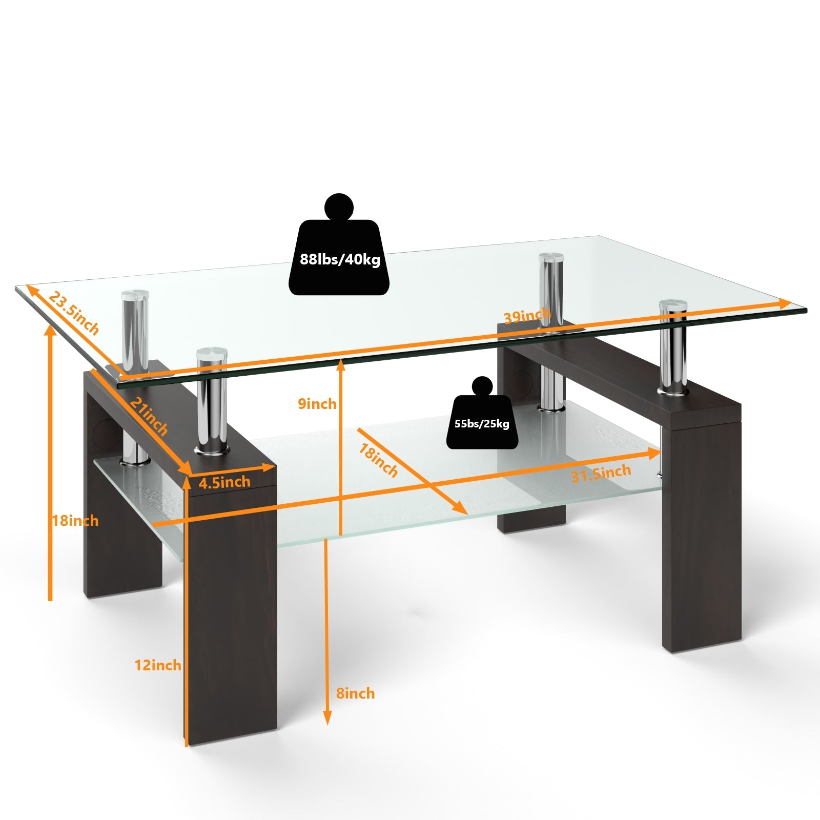 Rectangular Tempered Glass Coffee Table with Shelf