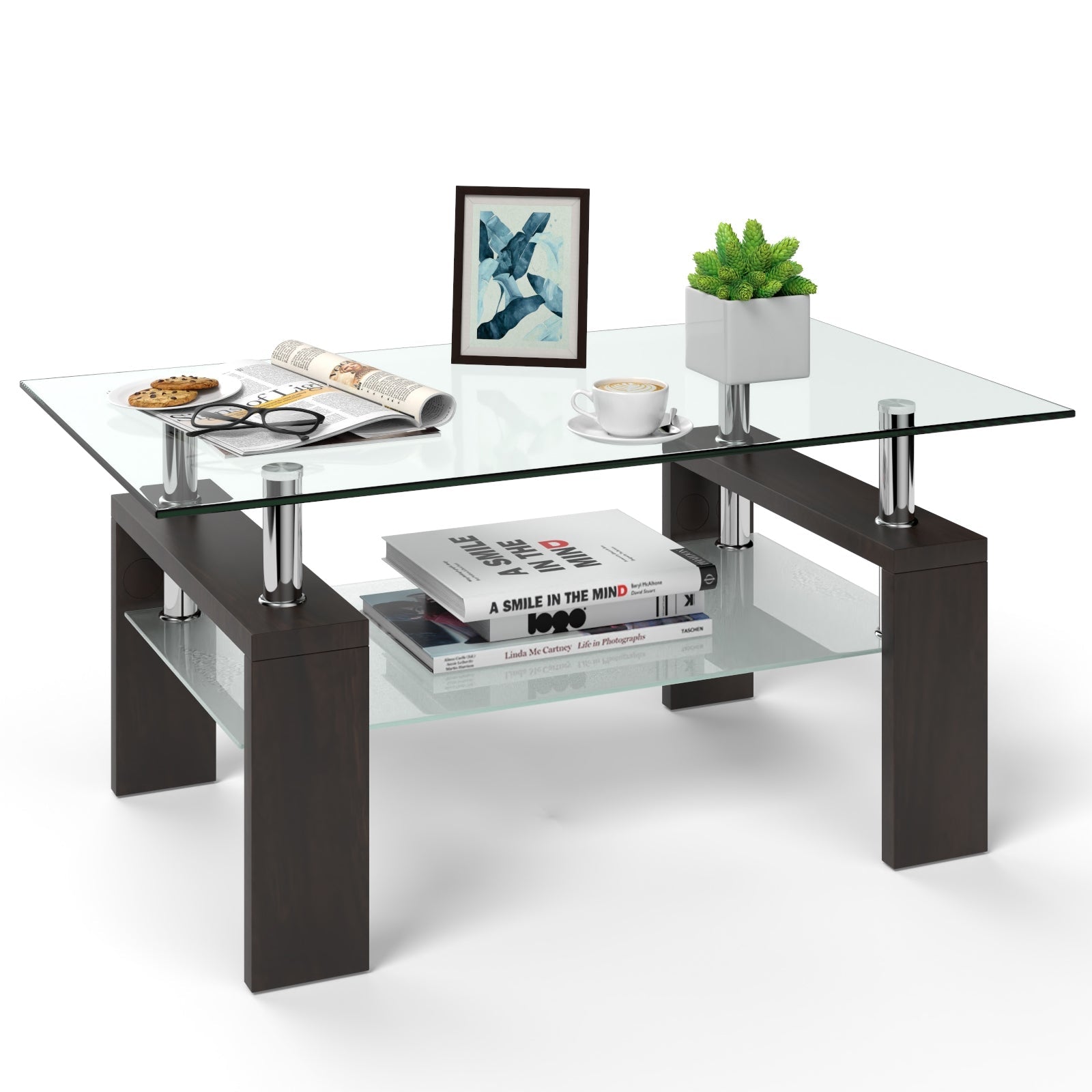 Rectangular Tempered Glass Coffee Table with Shelf