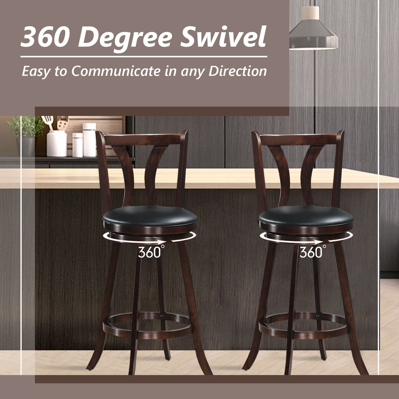 Set of 2 Swivel Bar stool 24 Inch Counter Height Leather Padded Dining Kitchen Chair