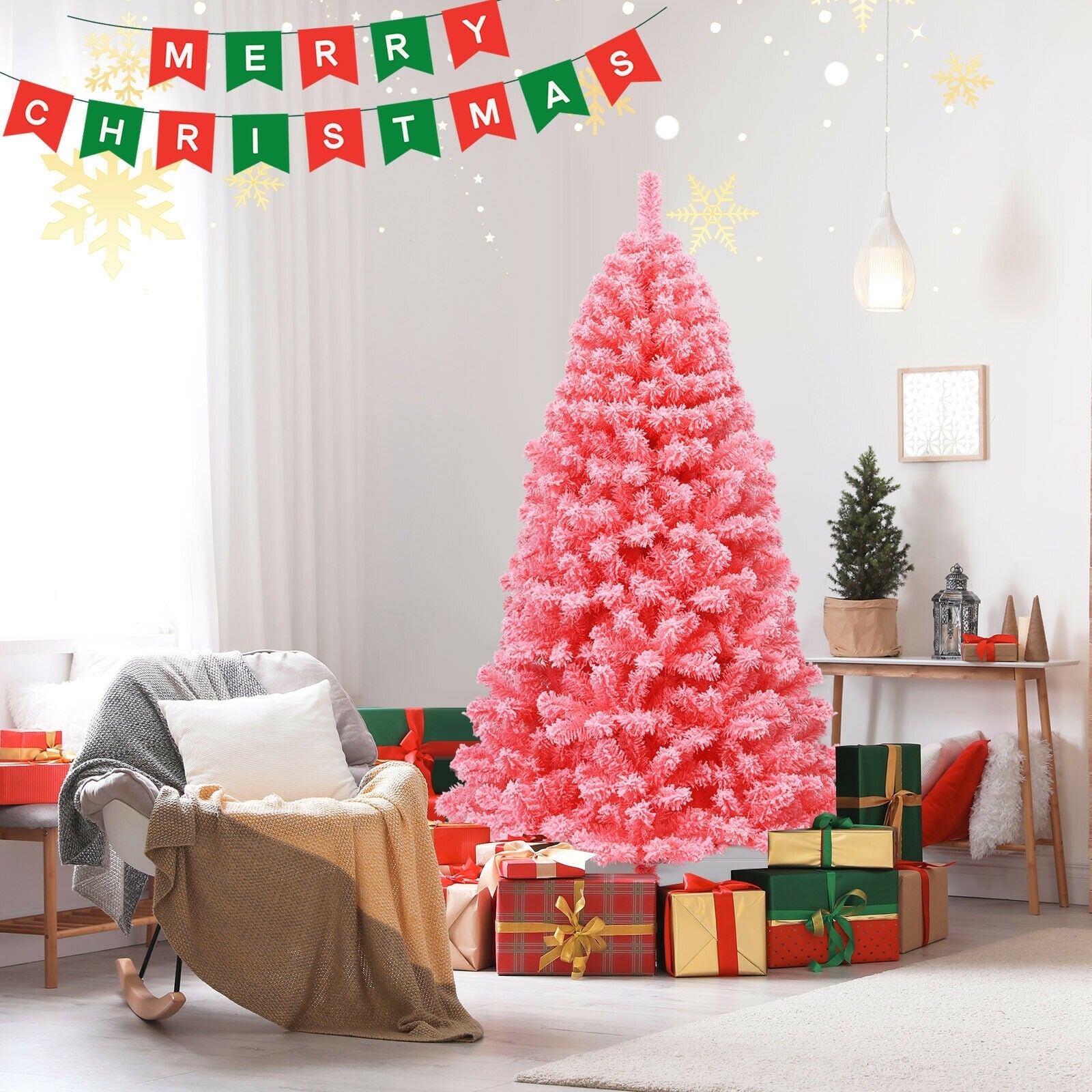 Pink Christmas Tree with Snow Flocked PVC Tips and Metal Stand