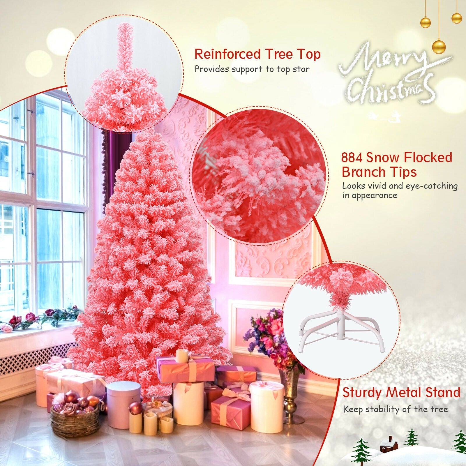 Pink Christmas Tree with Snow Flocked PVC Tips and Metal Stand