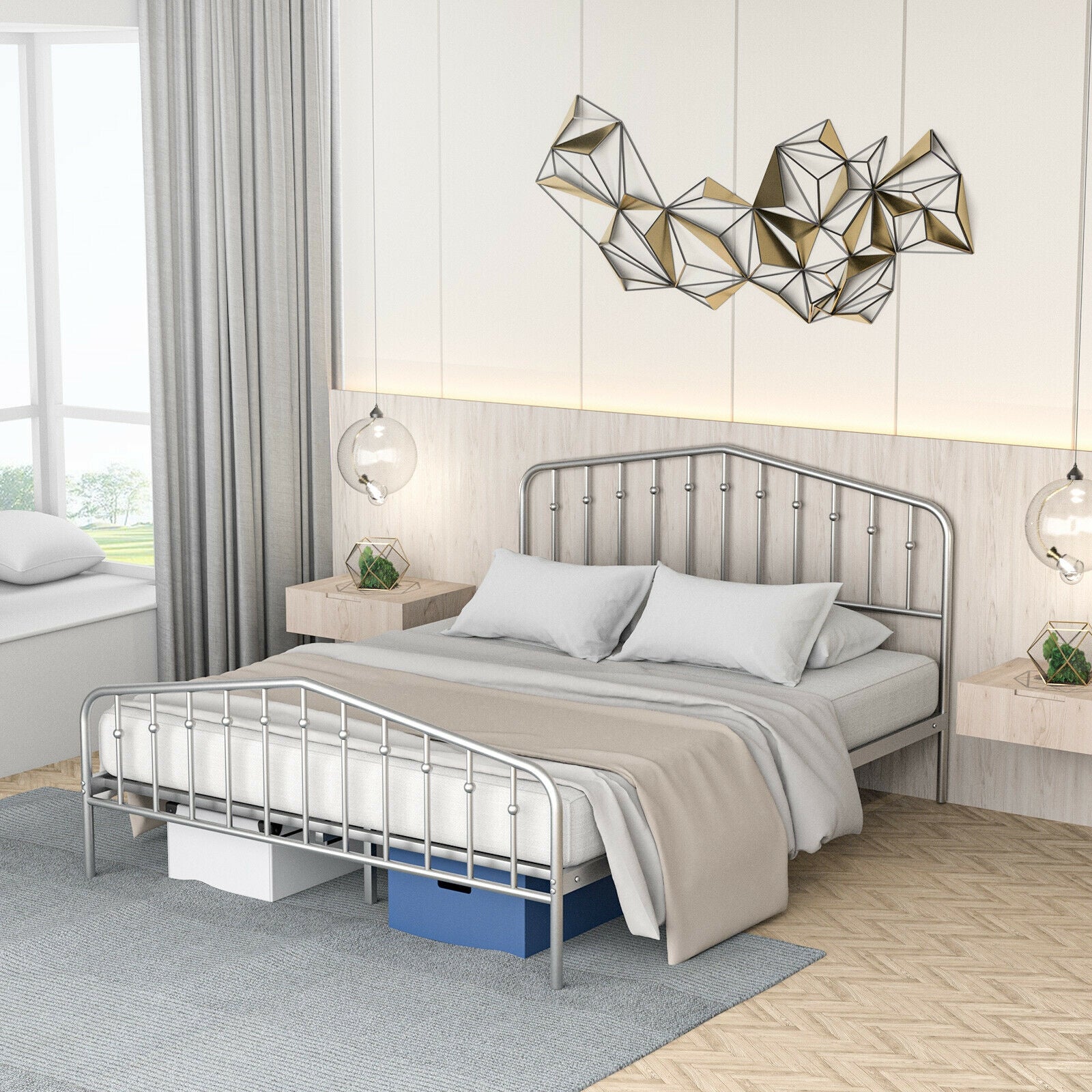 Queen Size Metal Bed Frame Slat Platform