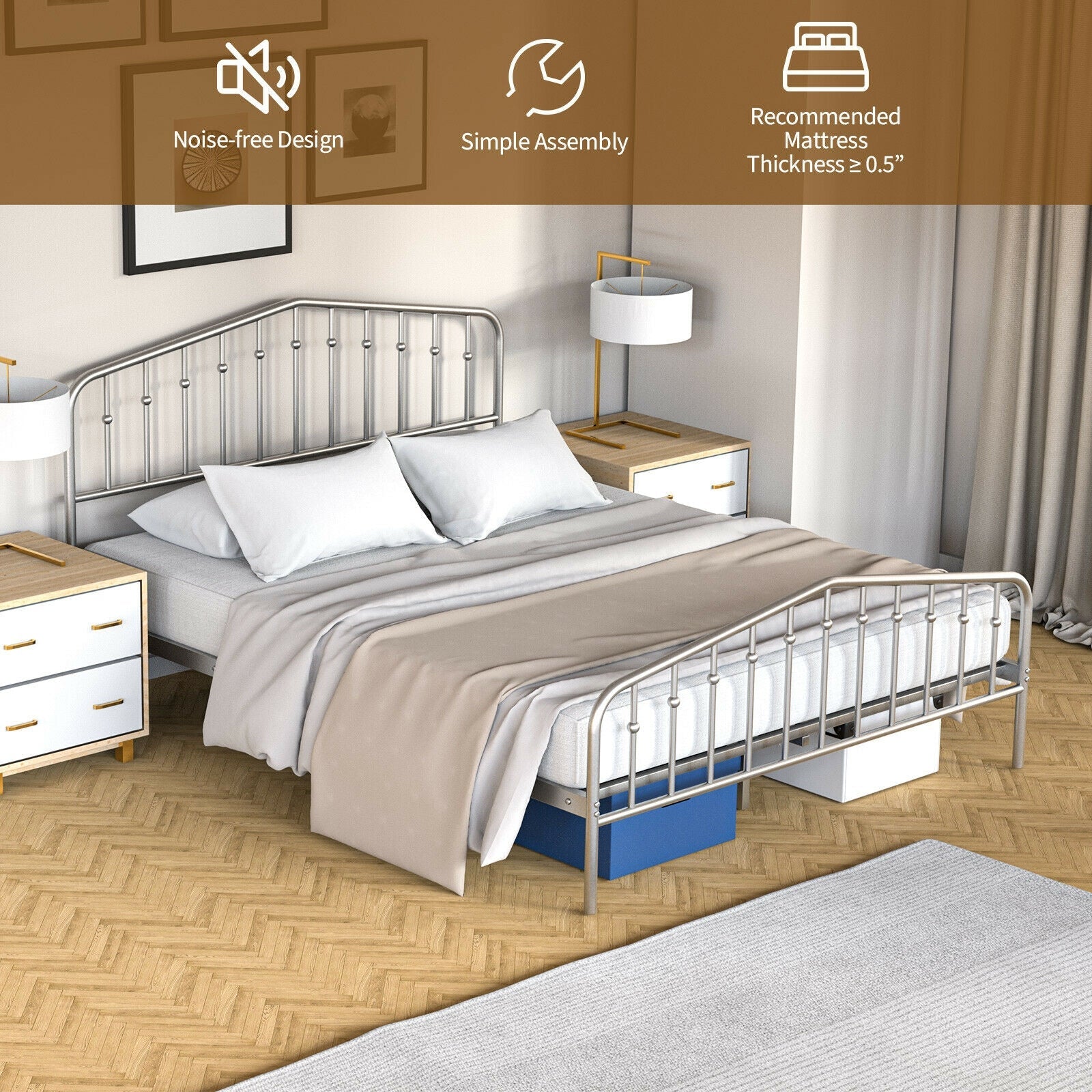 Queen Size Metal Bed Frame Slat Platform