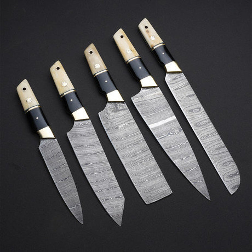 Custom Handmade Damascus Steel Kitchen Knife – 13” with Resin & Bone Handle, Brass Bolster & Leather Roll Kit