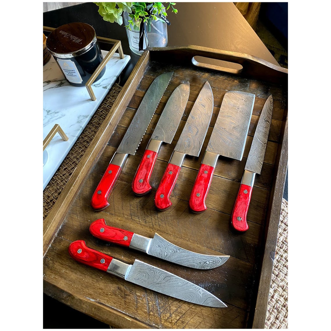 Custom Handmade Damascus Steel Chef Knife – 13” with Pakka Wood Handle, Steel Bolster & Leather Roll | Best Home Knife Set